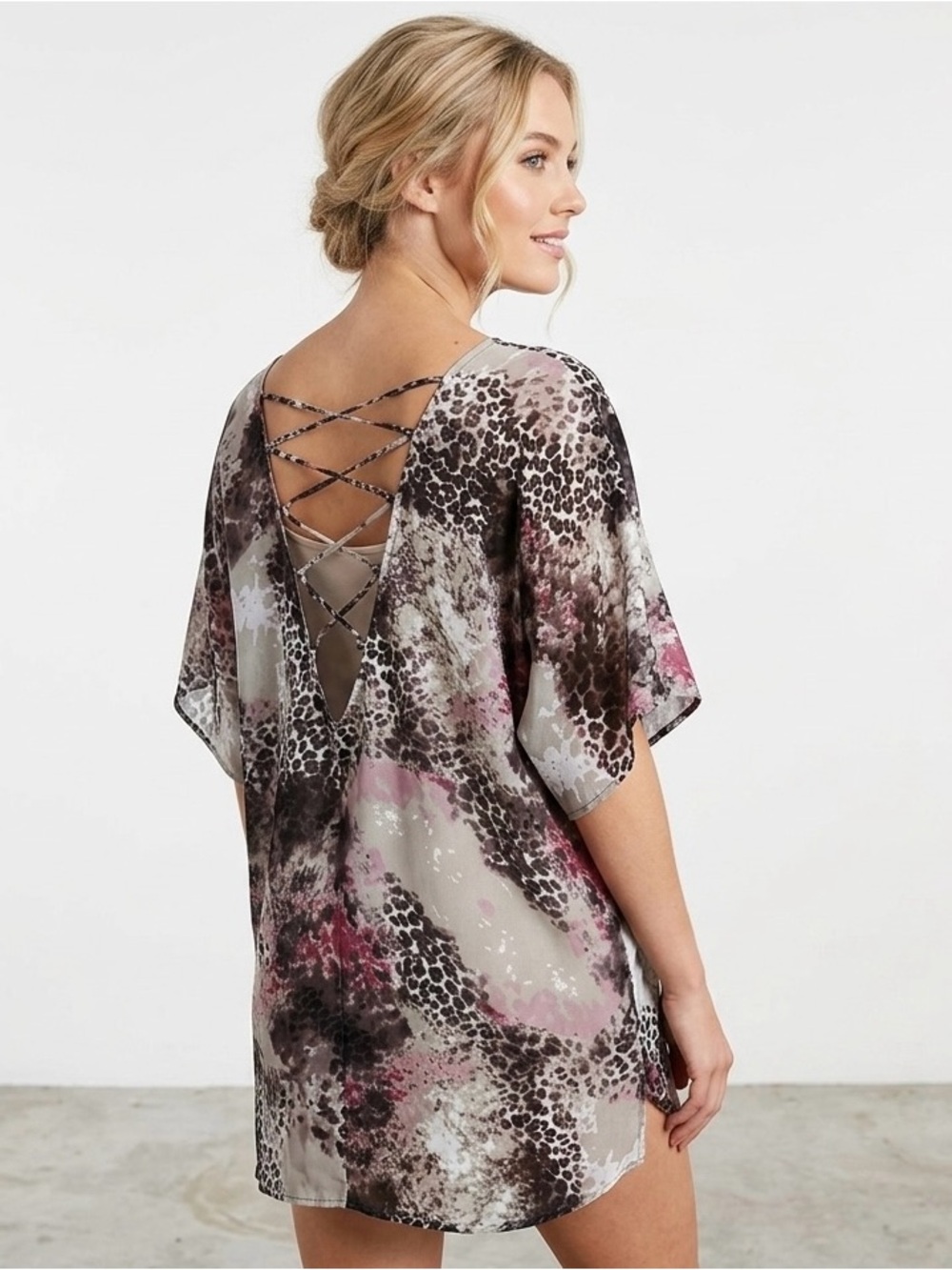 Halogen women coverup dress top size S animal print beach pool vacation sheer